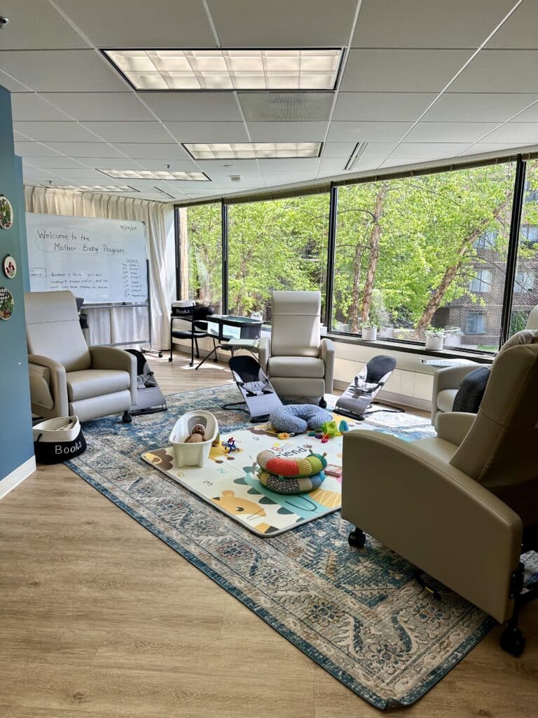 Medstar Georgetown's Perinatal Intensive Outpatient Program meets in a cozy room with comfortable furniture and baby-appropriate gear and supplies.